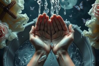 Mani che si lavano con acqua e fiori, simbolo di purificazione