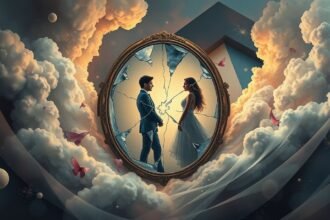 Coppia riflessa in uno specchio rotto, simbolo di insicurezza e tradimento.