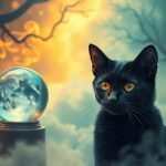 Gattino nero con occhi dorati vicino a una sfera magica in un paesaggio etereo