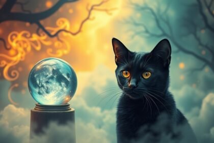 Gattino nero con occhi dorati vicino a una sfera magica in un paesaggio etereo