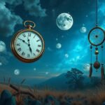 Orologio e cattura sogni in un paesaggio notturno con lune