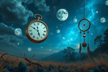 Orologio e cattura sogni in un paesaggio notturno con lune