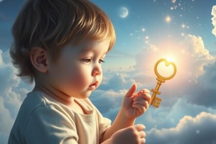 Bimbo che tiene una chiave dorata tra le nuvole: simbolo di nuovi inizi