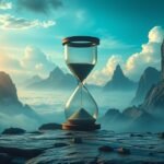 Una clessidra in un paesaggio montano al tramonto, simboleggia il tempo e l'ansia nei sogni