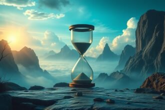 Una clessidra in un paesaggio montano al tramonto, simboleggia il tempo e l'ansia nei sogni