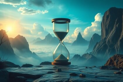 Una clessidra in un paesaggio montano al tramonto, simboleggia il tempo e l'ansia nei sogni