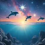 Delfini che saltano nell'acqua al tramonto con stelle sullo sfondo