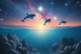 Delfini che saltano nell'acqua al tramonto con stelle sullo sfondo