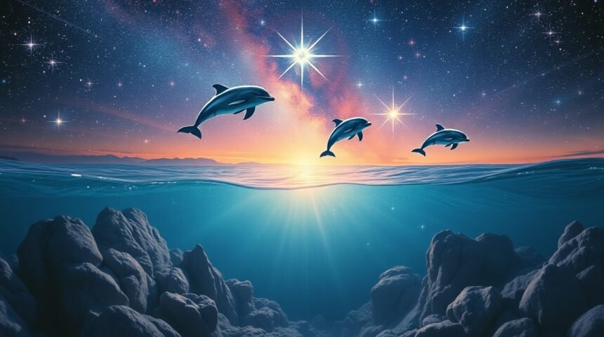 Delfini che saltano nell'acqua al tramonto con stelle sullo sfondo