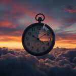 Orologio sospeso tra le nuvole al tramonto