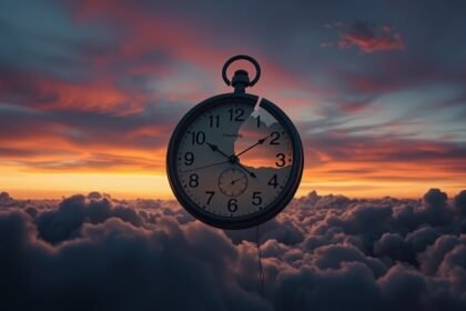 Orologio sospeso tra le nuvole al tramonto