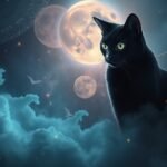 Gatto nero in un ambiente magico con luna e nuvole