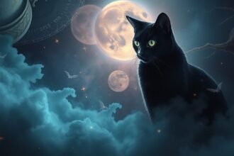 Gatto nero in un ambiente magico con luna e nuvole