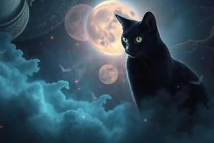 Gatto nero in un ambiente magico con luna e nuvole