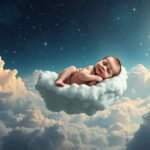 Neonato che dorme su una nuvola nel cielo stellato, simbolo di speranza.