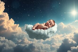 Neonato che dorme su una nuvola nel cielo stellato, simbolo di speranza.