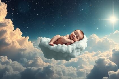 Neonato che dorme su una nuvola nel cielo stellato, simbolo di speranza.