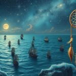 Solo di barche in mare sotto una luna illuminata e stelle.