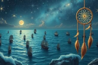 Solo di barche in mare sotto una luna illuminata e stelle.