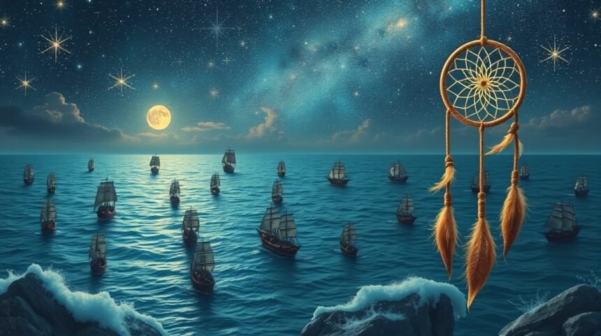 Solo di barche in mare sotto una luna illuminata e stelle.