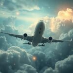 Aereo che vola tra le nuvole con numeri magici sullo sfondo, simbolo di libertà e sogni.