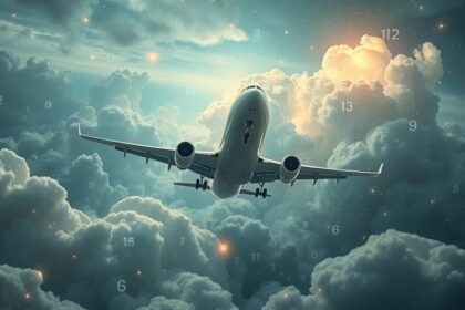 Aereo che vola tra le nuvole con numeri magici sullo sfondo, simbolo di libertà e sogni.
