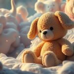 Peluche giallo su un letto di cuscini e peluche bianchi.