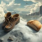 Un paio di scarpe e un pane su una montagna lontana nel cielo.