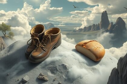 Un paio di scarpe e un pane su una montagna lontana nel cielo.