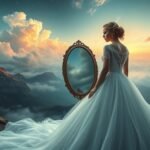 Donna vestita da sposa che si guarda in uno specchio in un paesaggio da sogno.