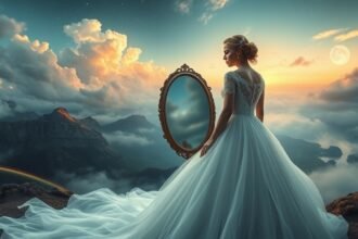 Donna vestita da sposa che si guarda in uno specchio in un paesaggio da sogno.