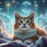 Gatto in un paesaggio onirico con cieli stellati e simboli mistici