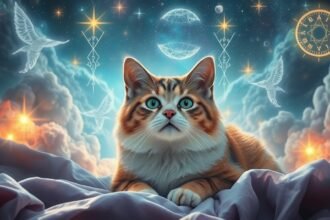 Gatto in un paesaggio onirico con cieli stellati e simboli mistici