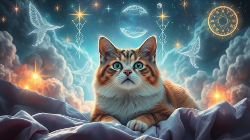 Gatto in un paesaggio onirico con cieli stellati e simboli mistici