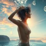 Ragazza che si lava i capelli in un'atmosfera di purificazione