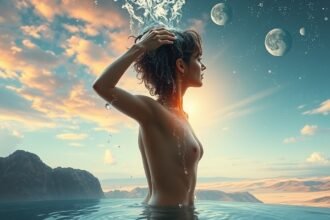 Ragazza che si lava i capelli in un'atmosfera di purificazione