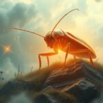 Scarafaggio simbolico su un paesaggio mistico, riflettendo ansie e trasformazione.