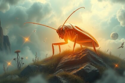 Scarafaggio simbolico su un paesaggio mistico, riflettendo ansie e trasformazione.