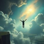Uomo che vola tra le nuvole, simbolo di libertà e indipendenza