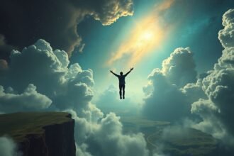 Uomo che vola tra le nuvole, simbolo di libertà e indipendenza