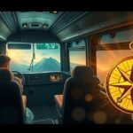 Interno di un pullman con un autista e una vista panoramica