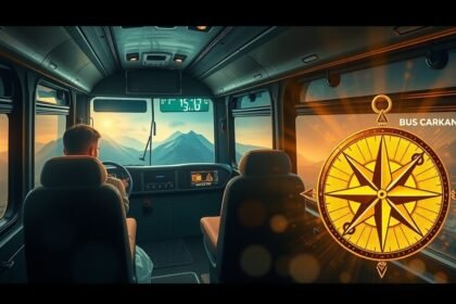 Interno di un pullman con un autista e una vista panoramica