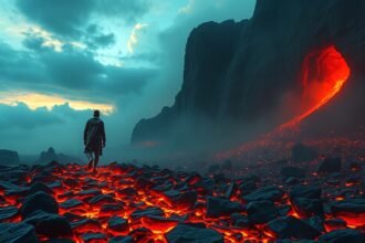 Un uomo cammina su una superficie di lava incandescente.