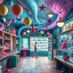 Interno colorato di un negozio di scarpe con diverse paia in esposizione