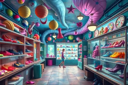 Interno colorato di un negozio di scarpe con diverse paia in esposizione