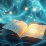 Libro aperto su un fondo blu con una candela accesa e scintille luminose