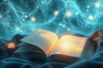 Libro aperto su un fondo blu con una candela accesa e scintille luminose