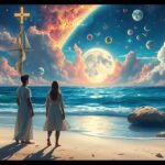 Due figure in riva al mare sotto un cielo stellato e planetario.