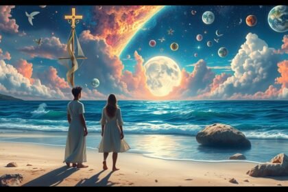 Due figure in riva al mare sotto un cielo stellato e planetario.