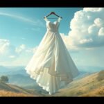 Abito da sposa appeso in un paesaggio sereno e naturale